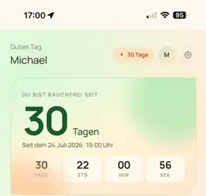 Screenshot einer Rauchfrei-App: 30 Tage rauchfrei nach Raucherentwöhnung durch Hypnose in Augsburg