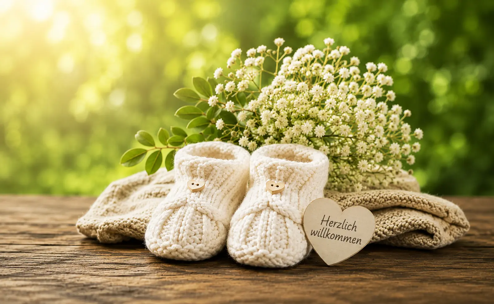 Gestrickte Babyschuhe mit Blumenstrauß und Herzlich-Willkommen-Schild im Grünen – Symbolbild Kinderwunsch-Hypnose in Augsburg