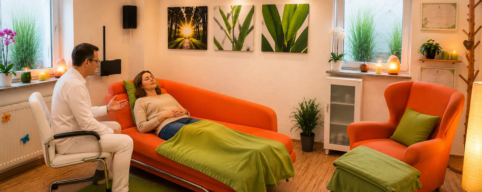 Hypnotiseur Markus Schuh begleitet eine Klientin in entspannter Trance auf der Liege – Hypnose für Klienten aus Kissing