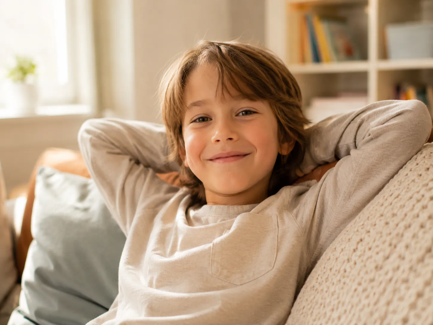 Entspanntes, lächelndes Kind lehnt mit den Händen hinter dem Kopf gemütlich auf dem Sofa – Symbolbild geborgene Kinderhypnose in Augsburg