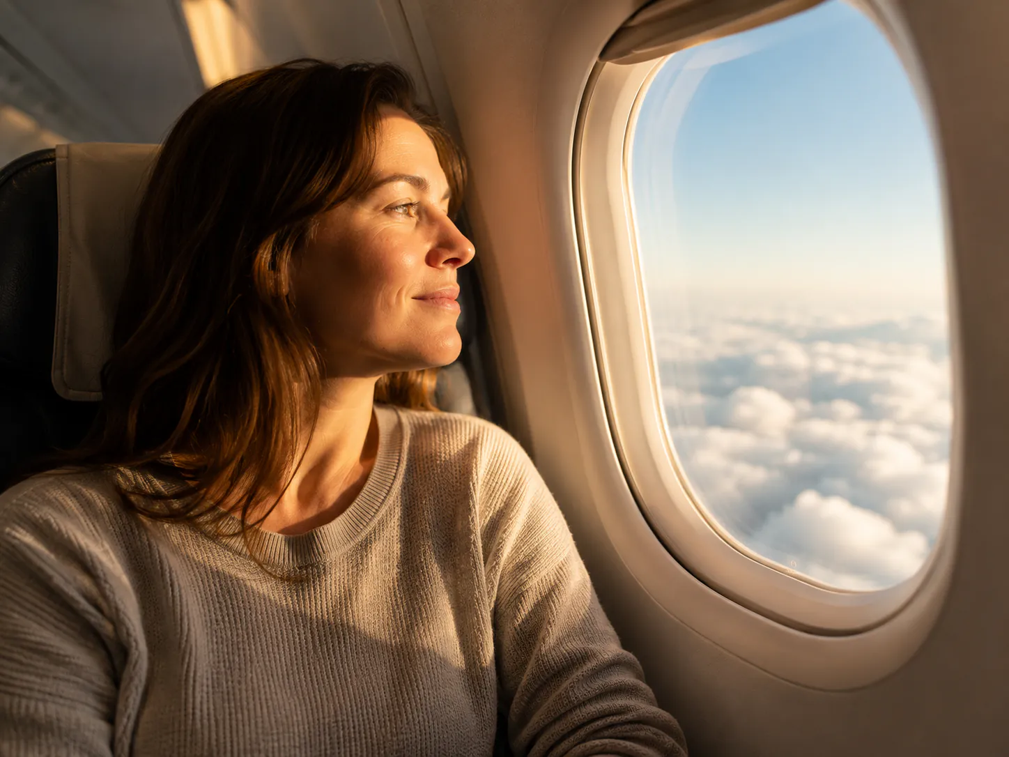 Frau blickt entspannt und lächelnd aus dem Flugzeugfenster auf Wolken im Sonnenlicht – Symbolbild Reise- und Flugangst lösen durch Hypnose in Augsburg