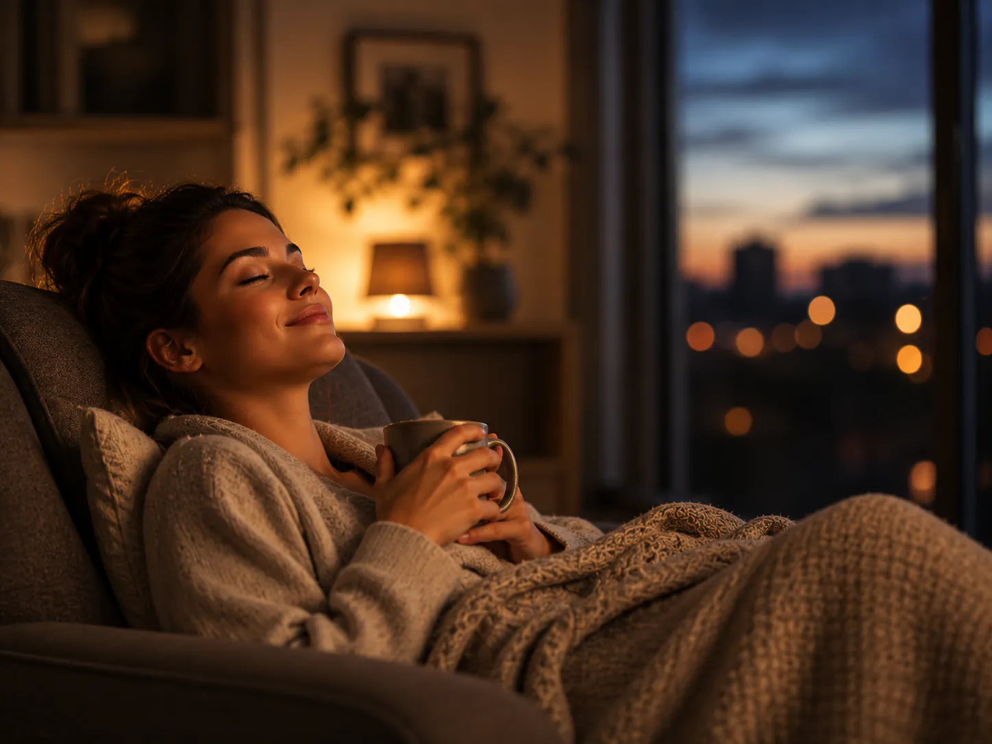 Frau entspannt mit geschlossenen Augen und einer Tasse Tee auf dem Sofa, Stadtlichter in der Abenddämmerung im Hintergrund – Symbolbild Abschalten am Abend durch Hypnose in Augsburg