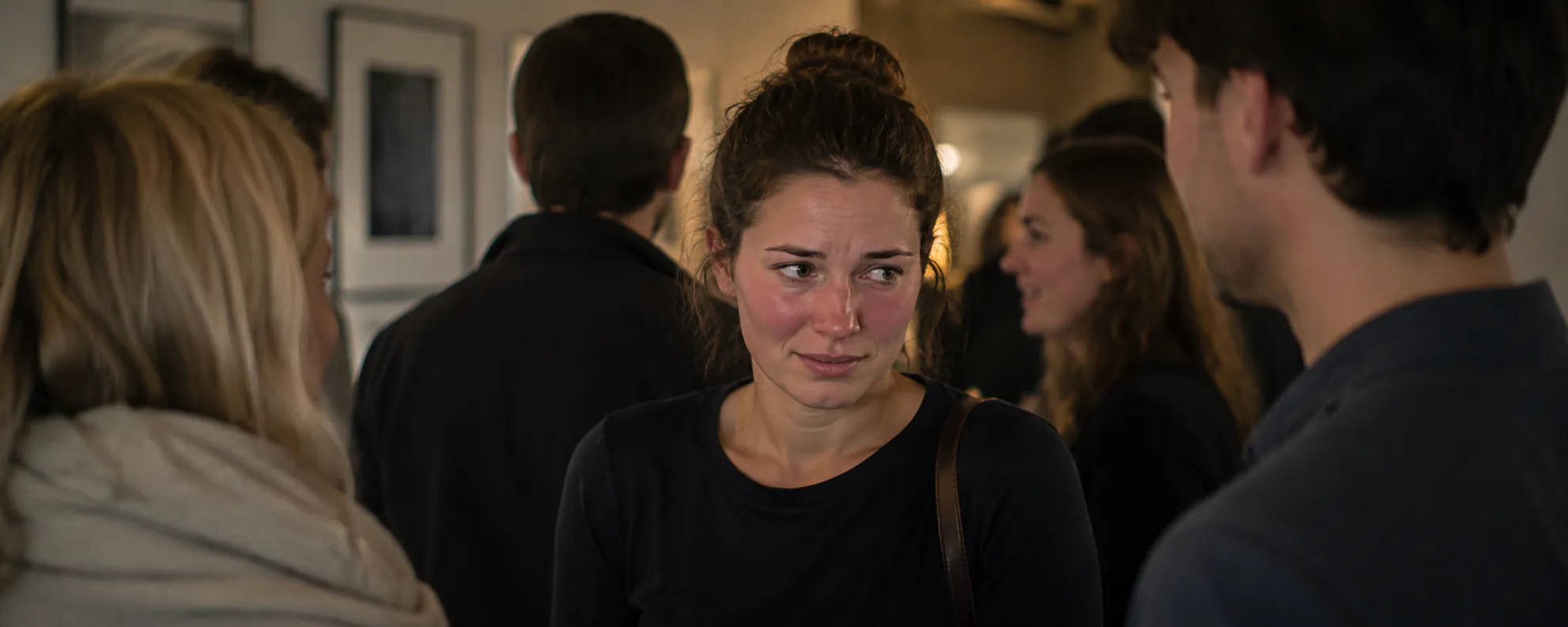 Frau errötet sichtbar im Gesicht während eines Gesprächs in geselliger Runde – Symbolbild unwillkürliches Erröten, Hypnose in Augsburg
