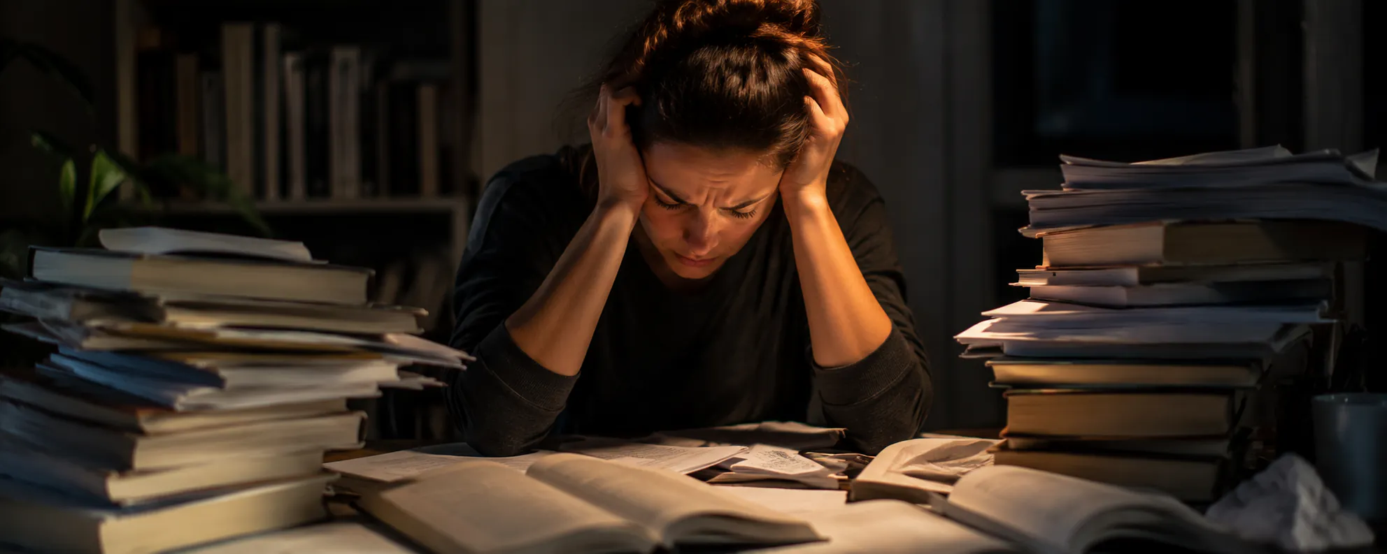 Frau hält sich erschöpft den Kopf zwischen hohen Bücherstapeln und aufgeschlagenen Unterlagen – Symbolbild Lernstress und Überforderung, Superlearning durch Hypnose in Augsburg