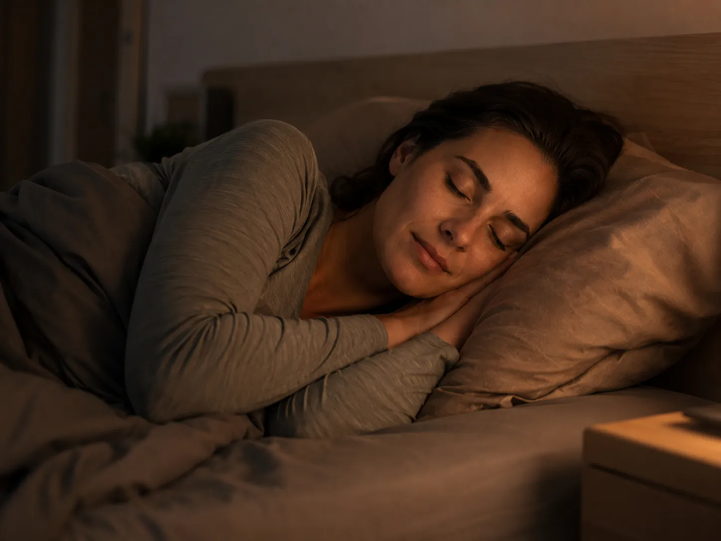 Frau schläft friedlich mit geschlossenen Augen in warmem Abendlicht im Bett – Symbolbild Schlafverbesserung durch Hypnose in Augsburg