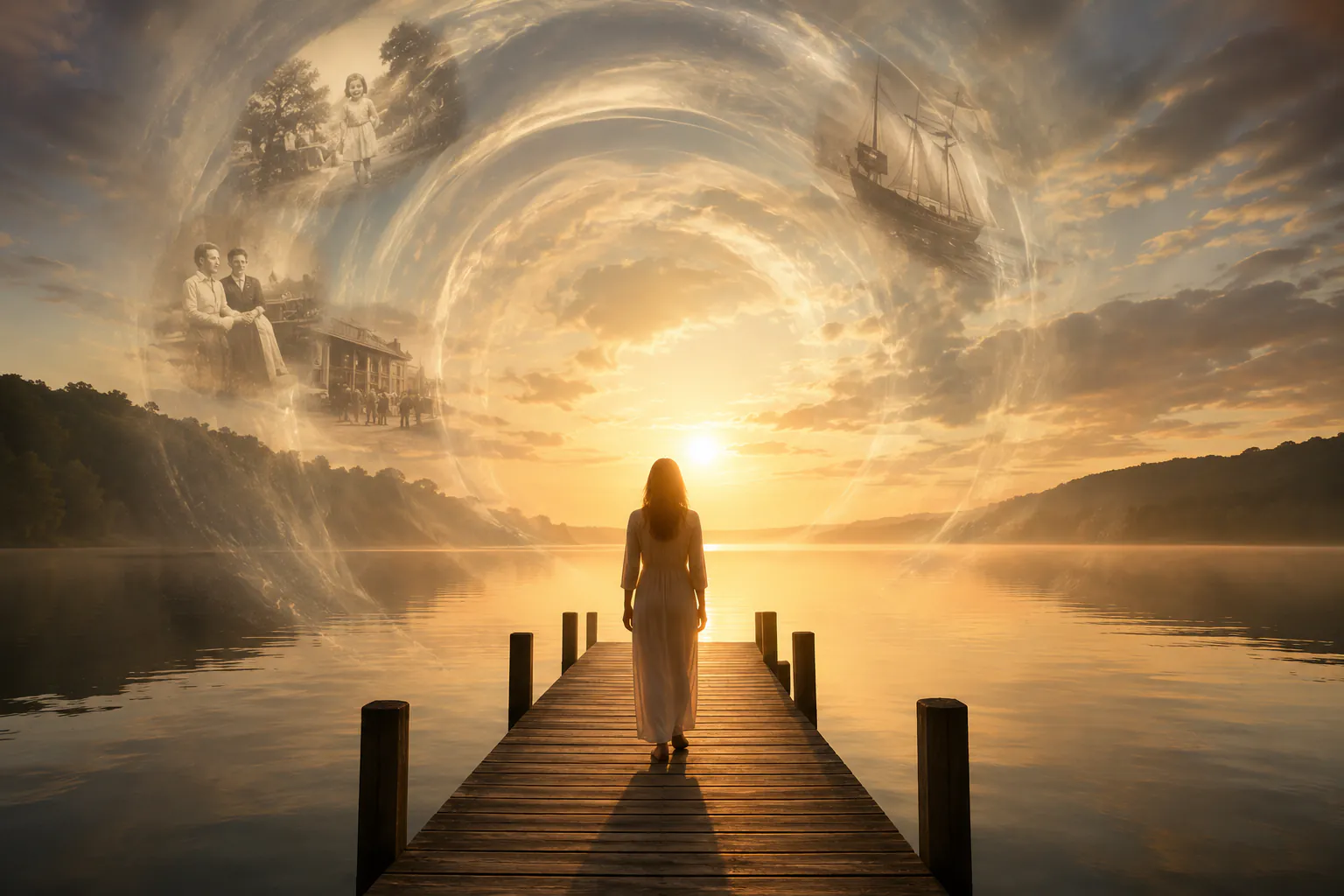 Frau auf Steg blickt bei Sonnenaufgang über einen See, umgeben von Erinnerungsbildern früherer Leben – Symbolbild Rückführung Hypnose Augsburg