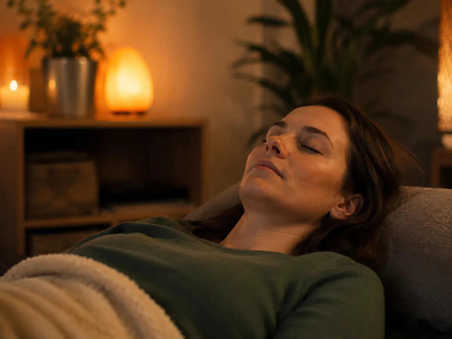Frau liegt tief entspannt mit geschlossenen Augen auf einer Liege im warmen Kerzenlicht – Symbolbild Energetische Balance & Tiefenentspannung durch Hypnose in Augsburg