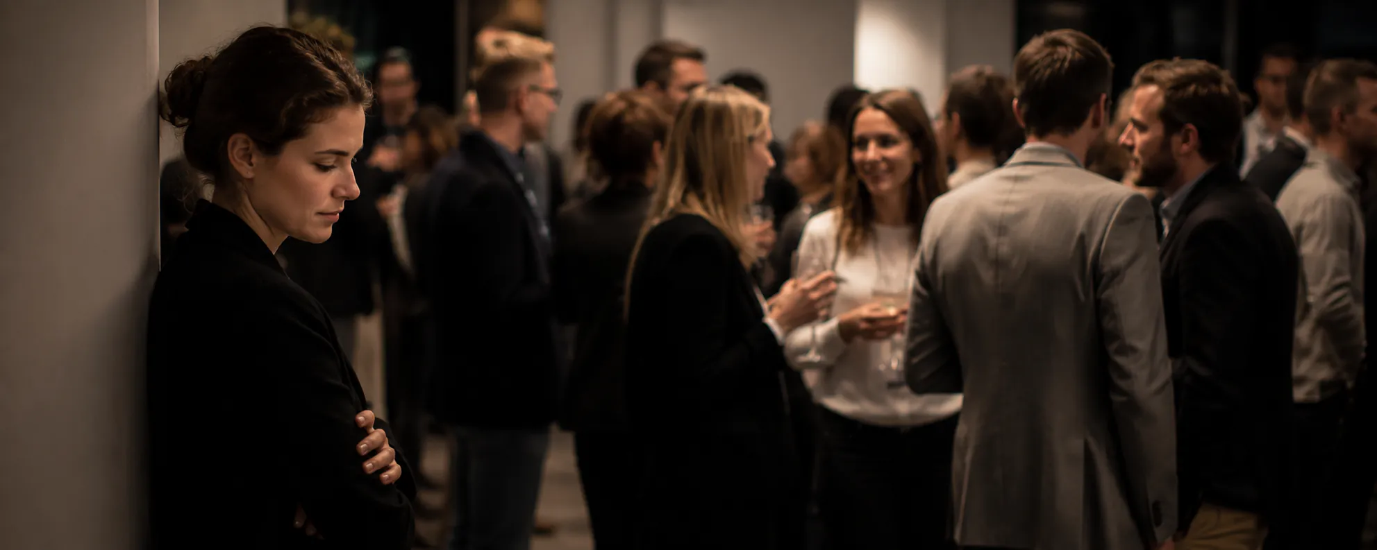 Frau steht zurückhaltend mit verschränkten Armen abseits einer Gruppe bei einem Networking-Event – Symbolbild fehlende Ausstrahlung, Charismatraining durch Hypnose in Augsburg