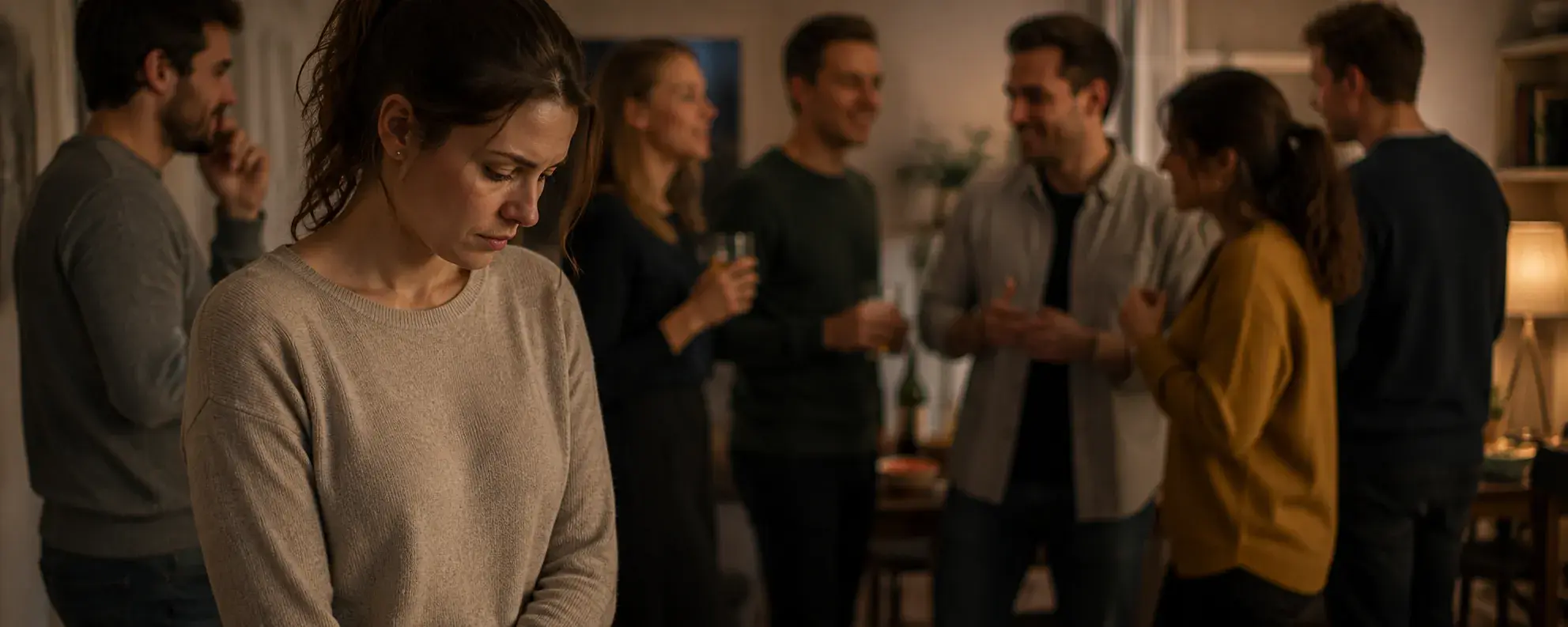 Frau blickt unsicher und niedergeschlagen zu Boden, während im Hintergrund eine Gruppe gelöst miteinander spricht – Symbolbild Unsicherheit und mangelndes Selbstbewusstsein, Hypnose zur Stärkung in Augsburg