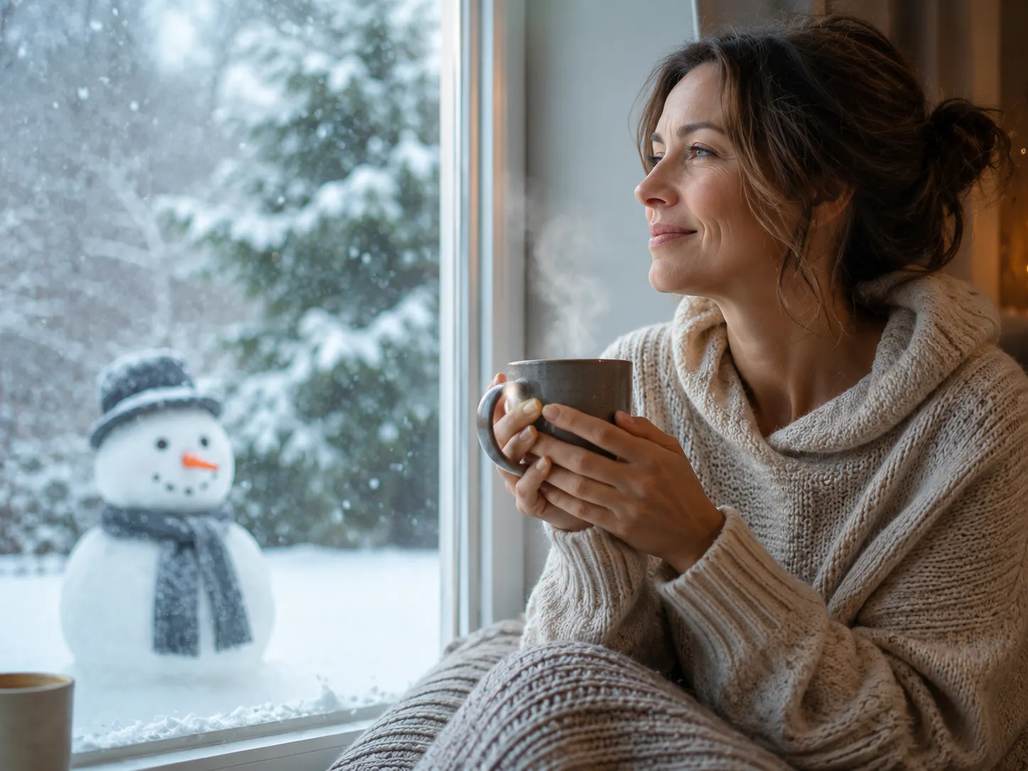 Frau genießt warmen Tee entspannt am Winterfenster mit Schneemann im Hintergrund – Symbolbild Immunsystem stärken durch Hypnose in Augsburg