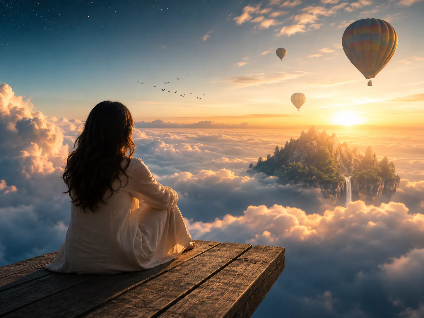 Frau sitzt auf einem Holzsteg über einer Wolkenlandschaft mit Heißluftballons und schwebender Insel bei Sonnenaufgang – Symbolbild Traumreise durch Hypnose in Augsburg