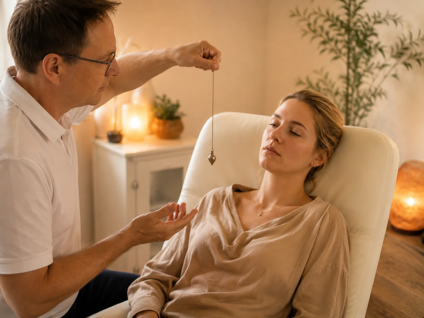 Hypnotiseur Markus Schuh führt eine Klientin mit dem Pendel sanft in die Hypnose-Entspannung, Hypnosestudio Königsbrunn bei Augsburg