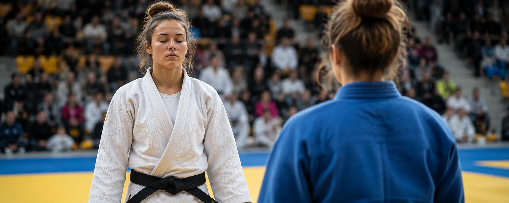 Judoka mit geschlossenen Augen konzentriert sich vor dem Wettkampf gegenüber ihrer Gegnerin – mentale Stärke durch Sporthypnose in Augsburg