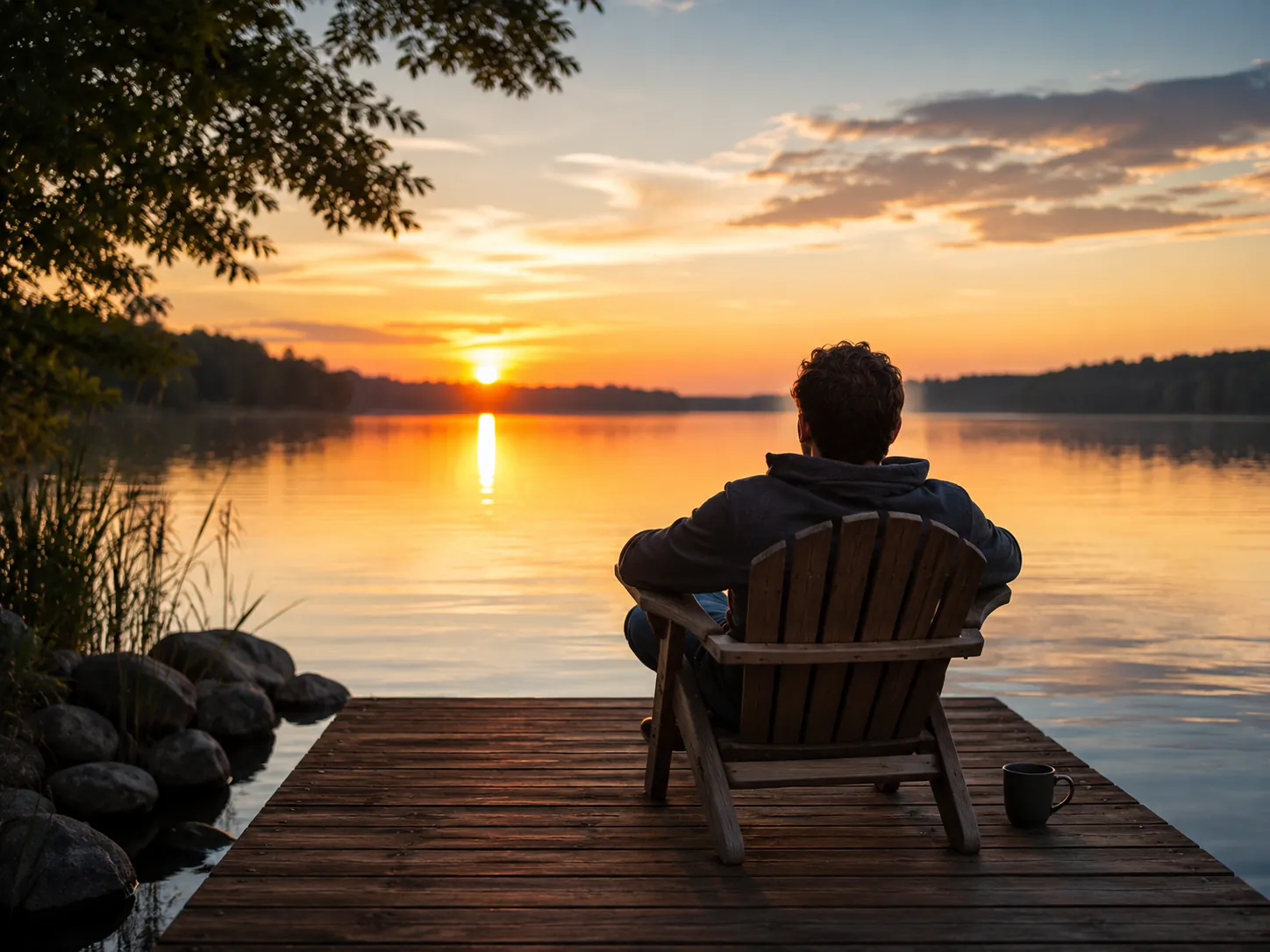 Mann sitzt entspannt in einem Holzsessel auf einem Steg und blickt auf den See bei Sonnenuntergang – Symbolbild Tiefenentspannung durch Hypnose in Augsburg