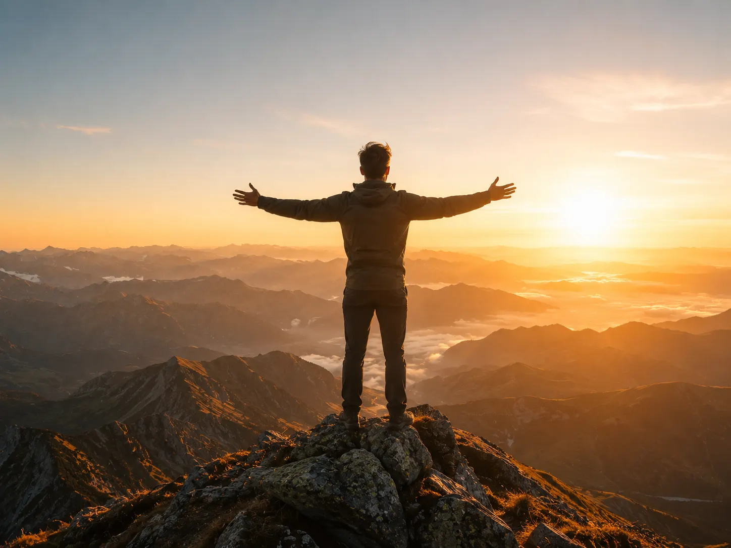 Mann steht mit ausgebreiteten Armen auf einem Berggipfel bei Sonnenaufgang – Symbolbild Ziele erreichen durch Hypnose in Augsburg
