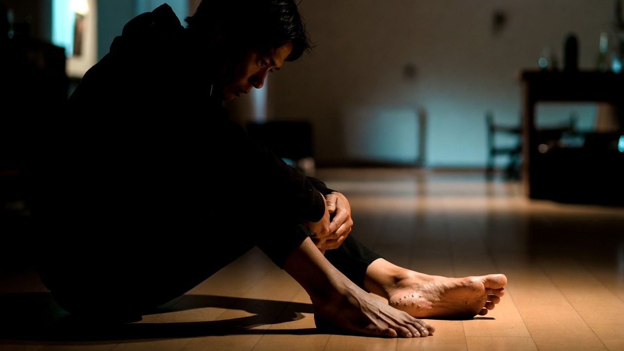Mann sitzt nachdenklich barfuß auf dem Boden im gedämpften Licht – Symbolbild Warzen an den Füßen, Hypnose zur Warzenbehandlung in Augsburg