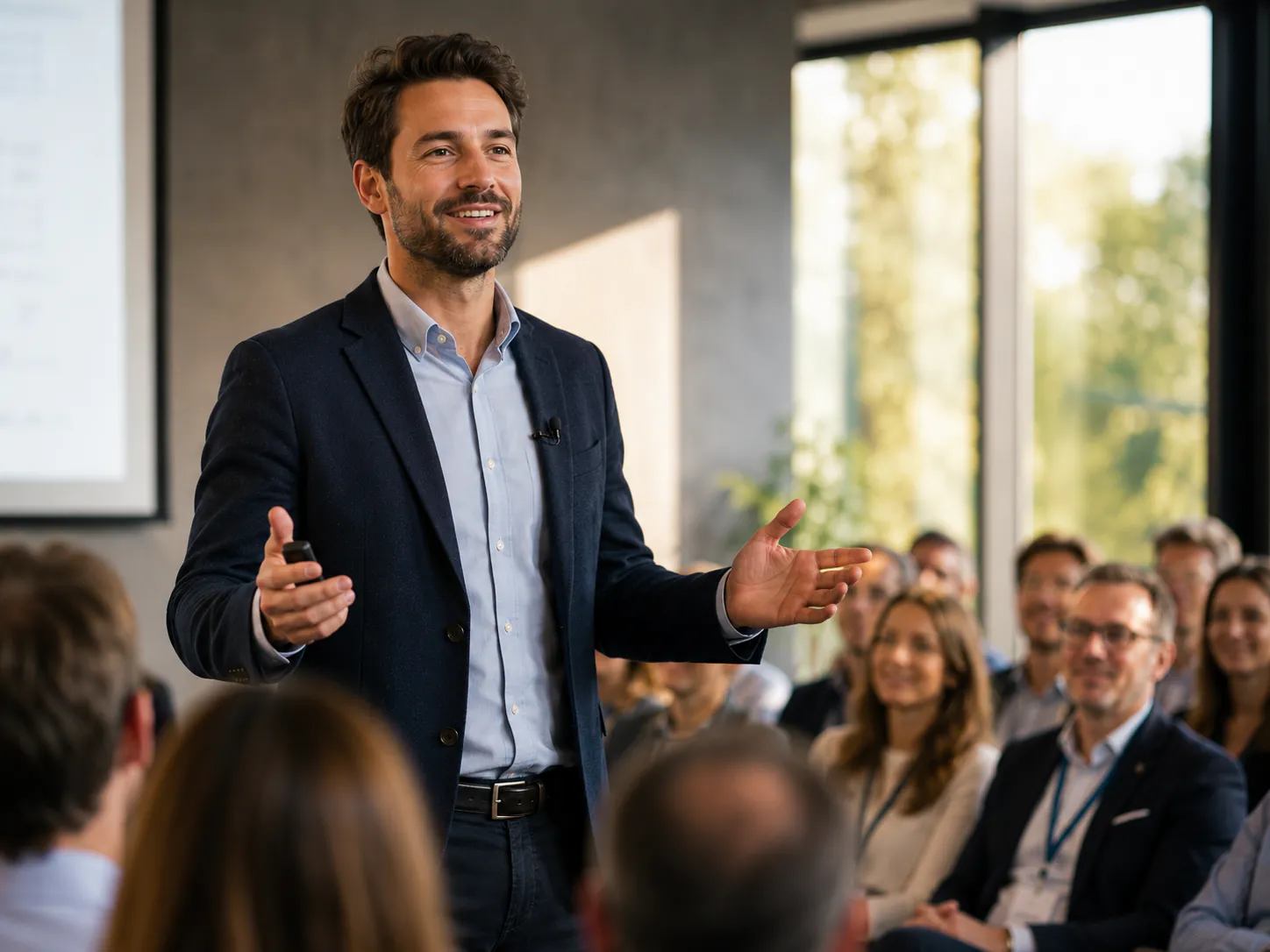 Mann spricht selbstbewusst und lächelnd mit offener Gestik vor einem Publikum bei einer Präsentation – Symbolbild Selbstbewusstsein stärken durch Hypnose in Augsburg