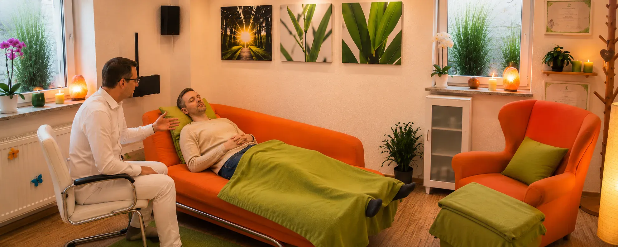 Hypnotiseur Markus Schuh begleitet einen Klienten in entspannter Trance auf der Liege – Hypnose für Klienten aus Dillingen an der Donau