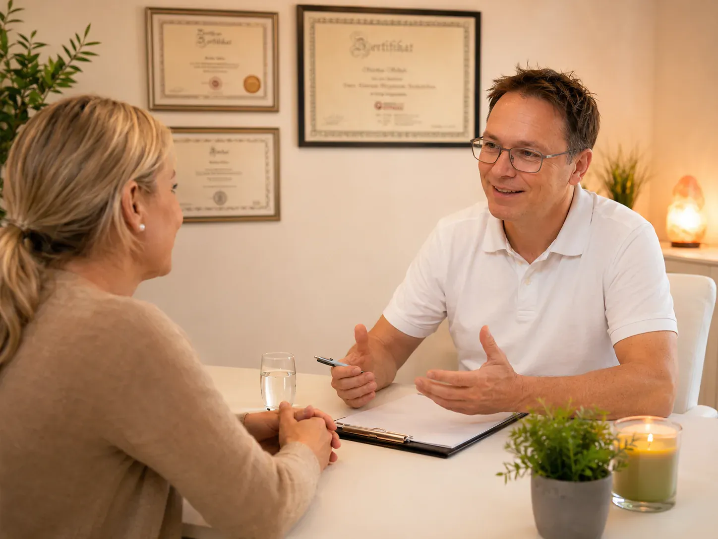 Hypnotiseur Markus Schuh im Beratungsgespräch mit einer Klientin, im Hintergrund seine Zertifikate – Hypnose für Klienten aus Augsburg