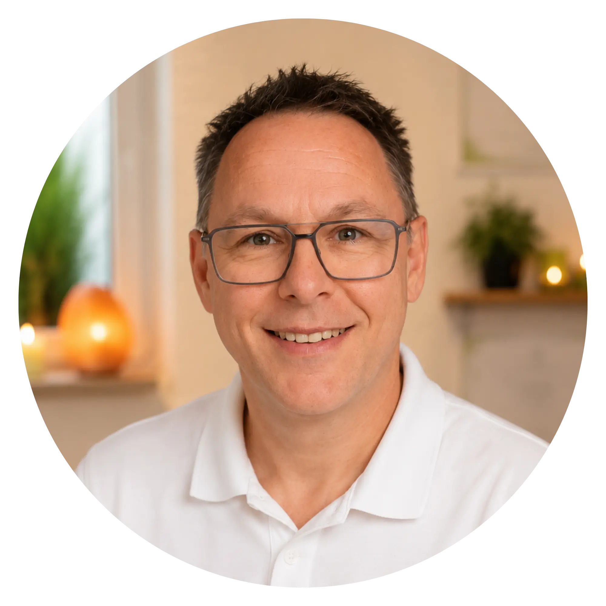 Markus Schuh, Hypnotiseur für Klienten aus Diedorf – Portrait mit Brille und freundlichem Lächeln