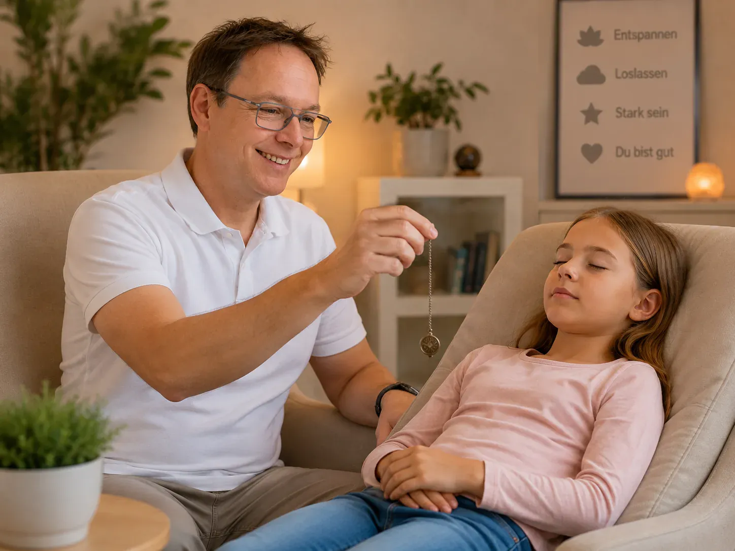 Hypnotiseur Markus Schuh bei einer sanften Kinderhypnose mit Pendel – Hypnose für Familien aus Gersthofen