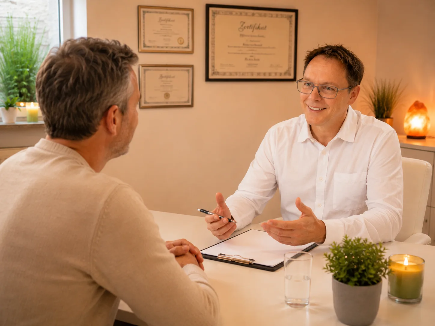 Hypnotiseur Markus Schuh im Vorgespräch mit einem Klienten – Hypnose für Klienten aus Schwabmünchen