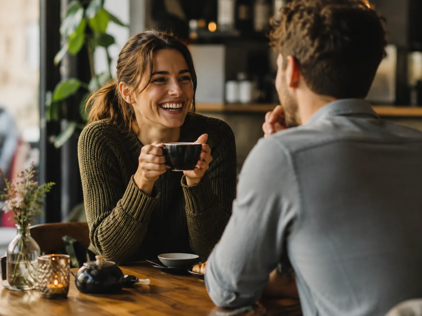 Frau lacht herzlich im Gespräch mit einem Mann bei Kaffee in gemütlichem Café – Symbolbild entspannter Flirt, Hypno-Flirt-Coaching in Augsburg
