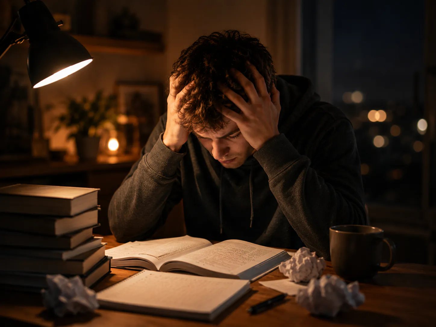 Prüfungsangst Hypnose Augsburg – Student unter Druck am Schreibtisch mit Büchern symbolisiert Überwindung von Lernangst und Prüfungsstress