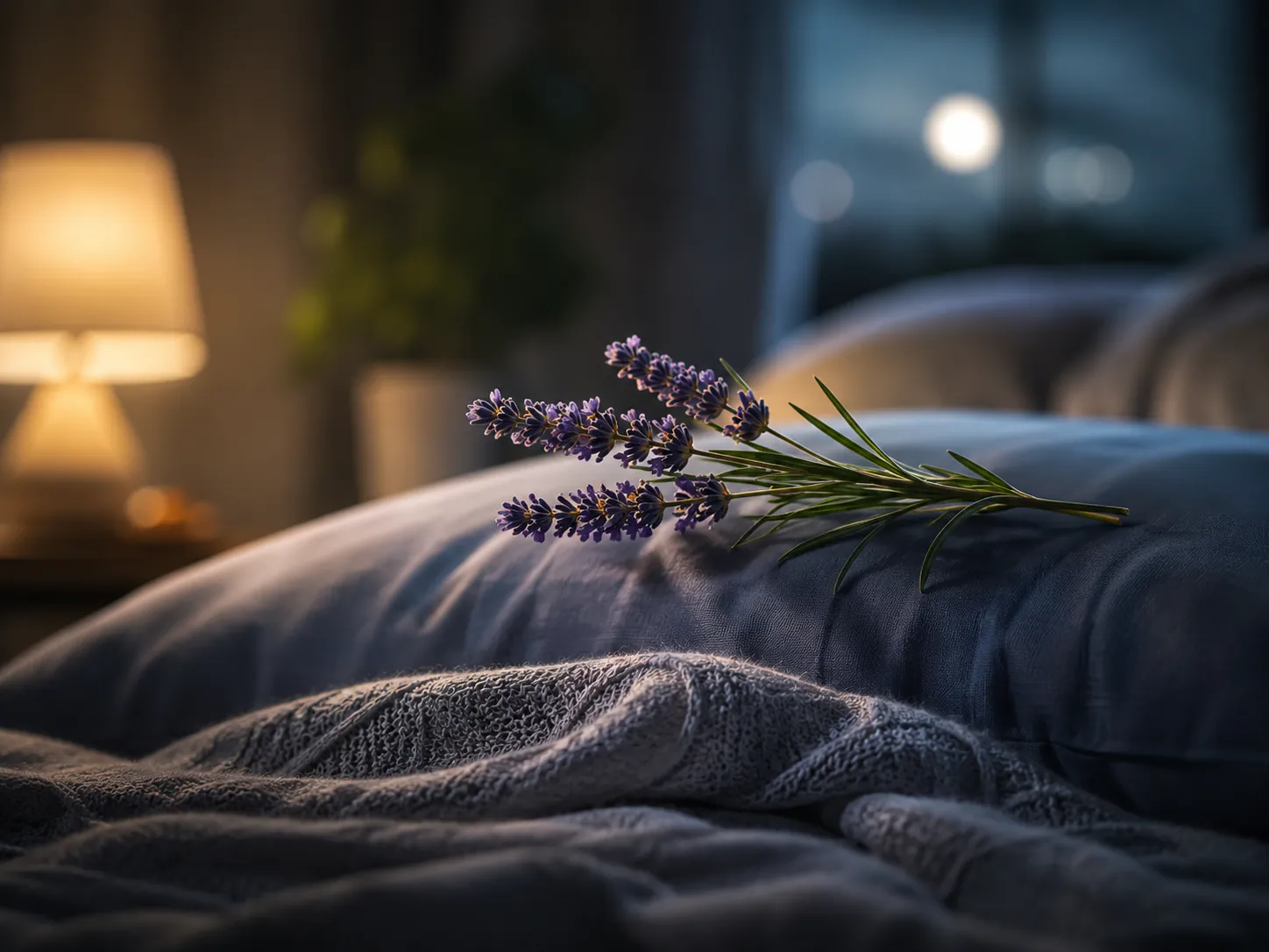 Schlafverbesserung Hypnose Augsburg – beruhigendes Schlafzimmer mit Lavendelblüten auf dem Bett, warme Lampe und Mondlicht für erholsamen Schlaf