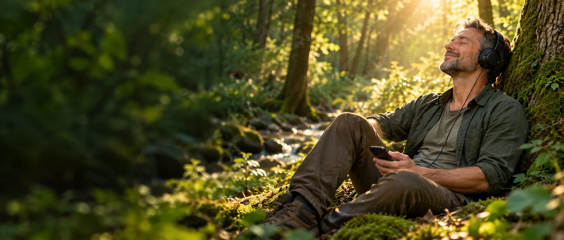 Ein Mann sitzt entspannt an einen moosigen Baum gelehnt im sonnigen Wald und hört mit Kopfhörern Audio