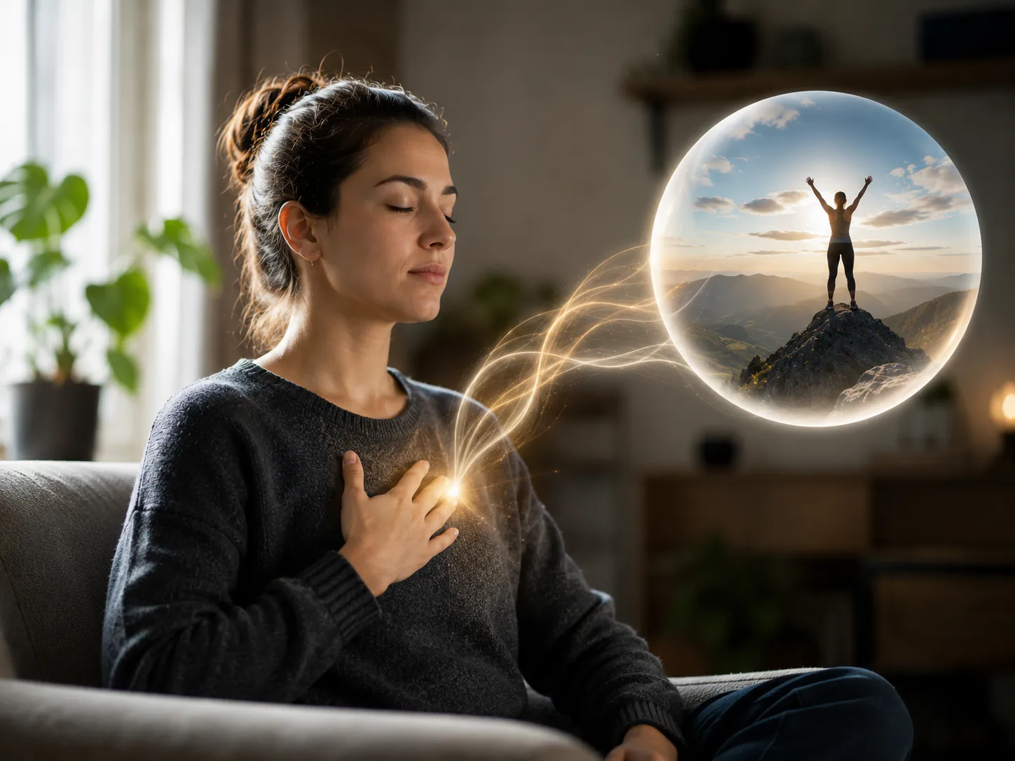 Spitzenleistungsanker Hypnose Augsburg – Frau visualisiert ihren Erfolg auf dem Gipfel symbolisiert Aktivierung von Spitzenzuständen