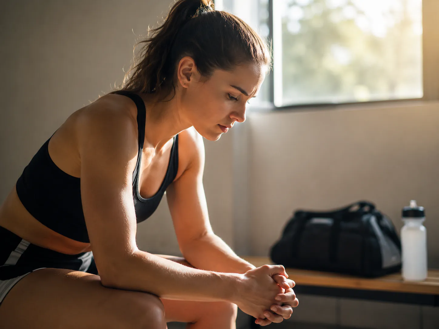 Sportlerin sitzt konzentriert mit gefalteten Händen in der Umkleide vor dem Training – Symbolbild Spitzenleistungsanker durch Hypnose in Augsburg