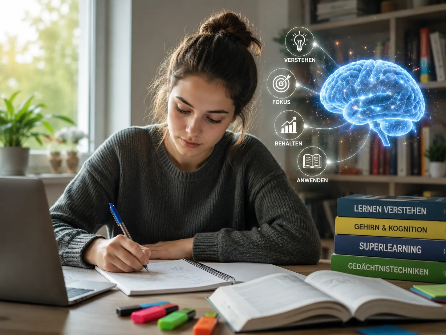 Studentin lernt konzentriert mit Büchern und Notizen am Schreibtisch, symbolische Grafik von Gehirnaktivität mit Fokus, Verstehen und Behalten – Superlearning durch Hypnose in Augsburg