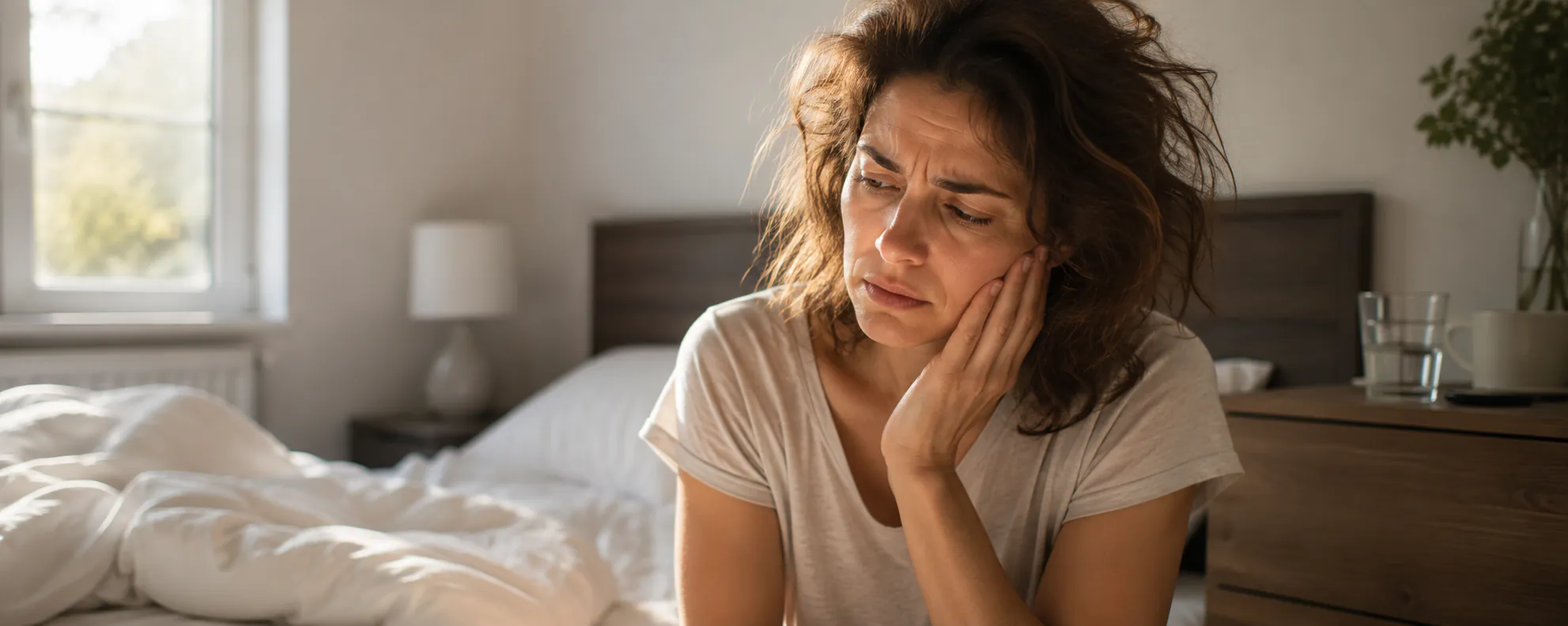 Frau hält sich morgens verspannt Wange und Kiefer nach nächtlichem Zähneknirschen – typisches Symptom von Bruxismus, das mit Hypnose in Augsburg behandelt wird