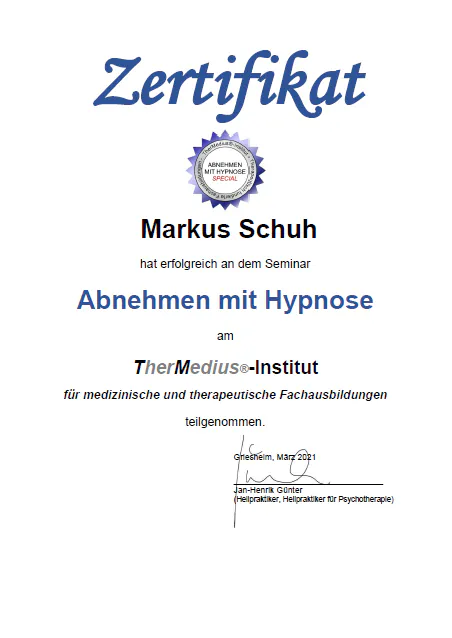 Zertifikat Abnehmen mit Hypnose