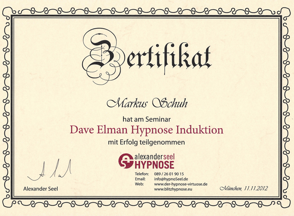 Zertifikat Dave Elman Hypnose Induktion