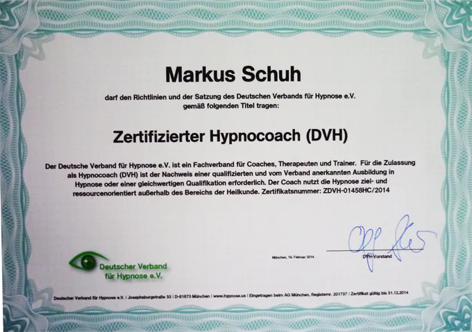 Zertifikat Zertifizierter Hypnocoach, Deutscher Verband für Hypnose e.V.