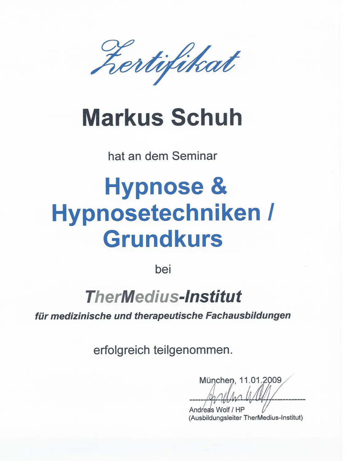 Zertifikat Hypnose & Hypnosetechniken Grundkurs