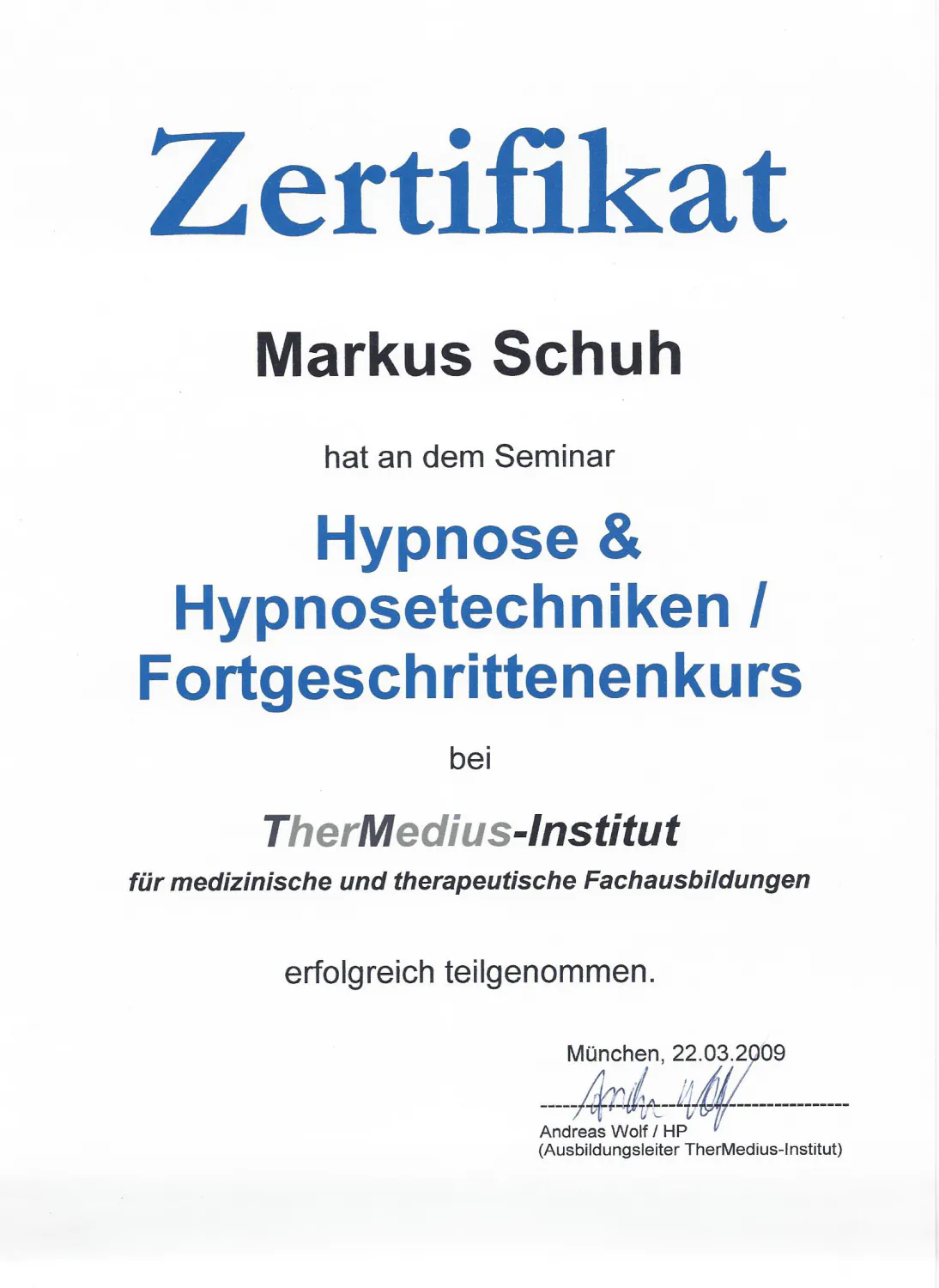 Zertifikat Hypnose & Hypnosetechniken Fortgeschrittenenkurs
