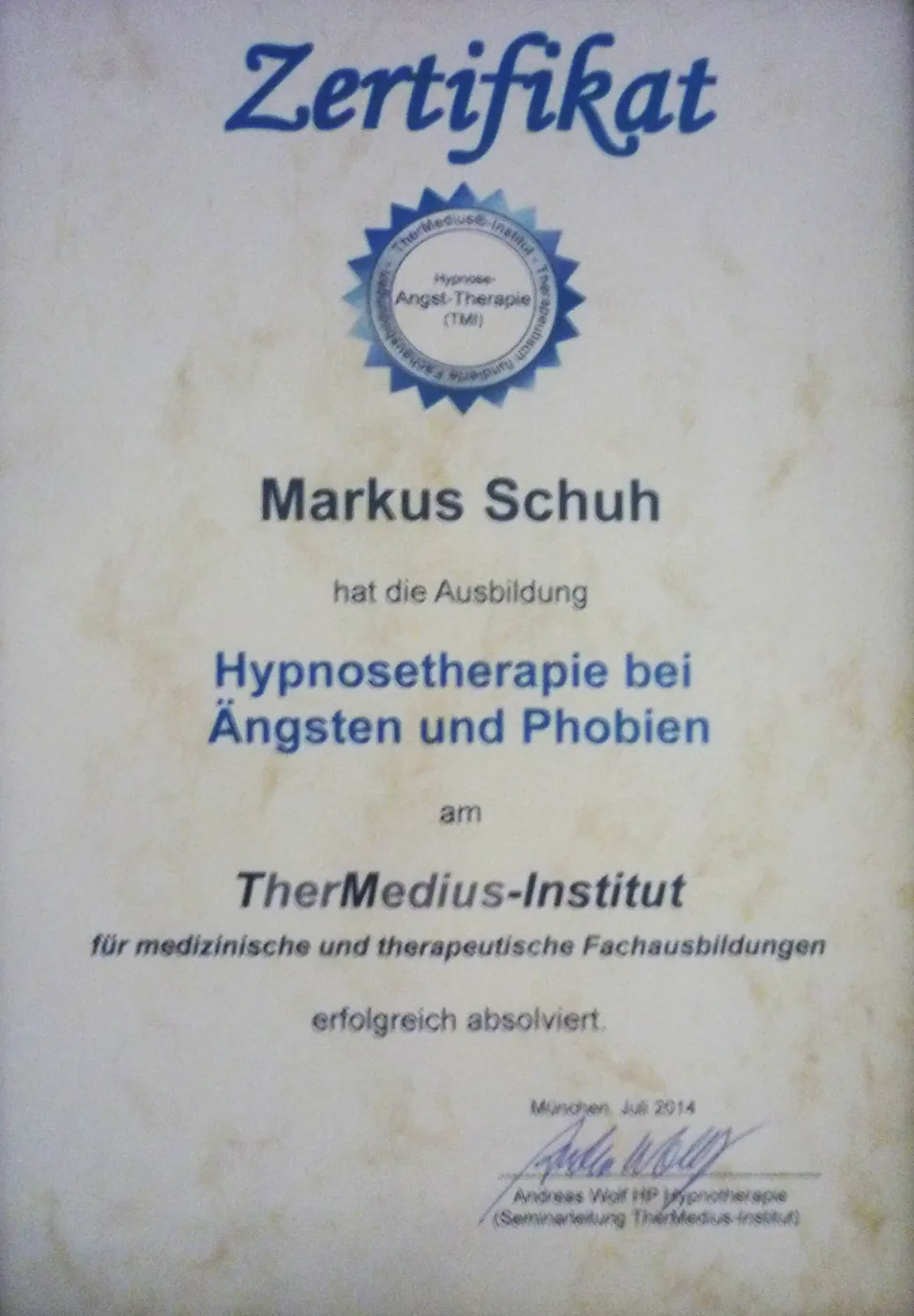 Zertifikat Hypnosetherapie bei Ängsten und Phobien