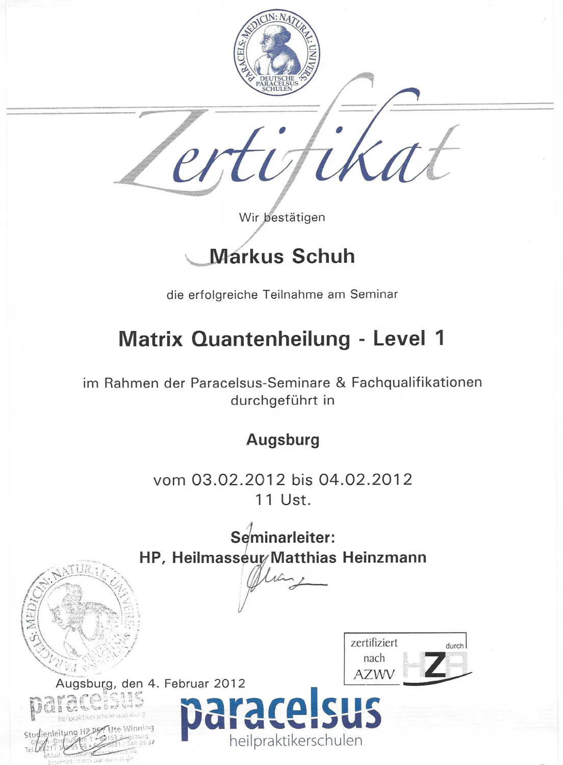 Zertifikat Matrix Quantenheilung