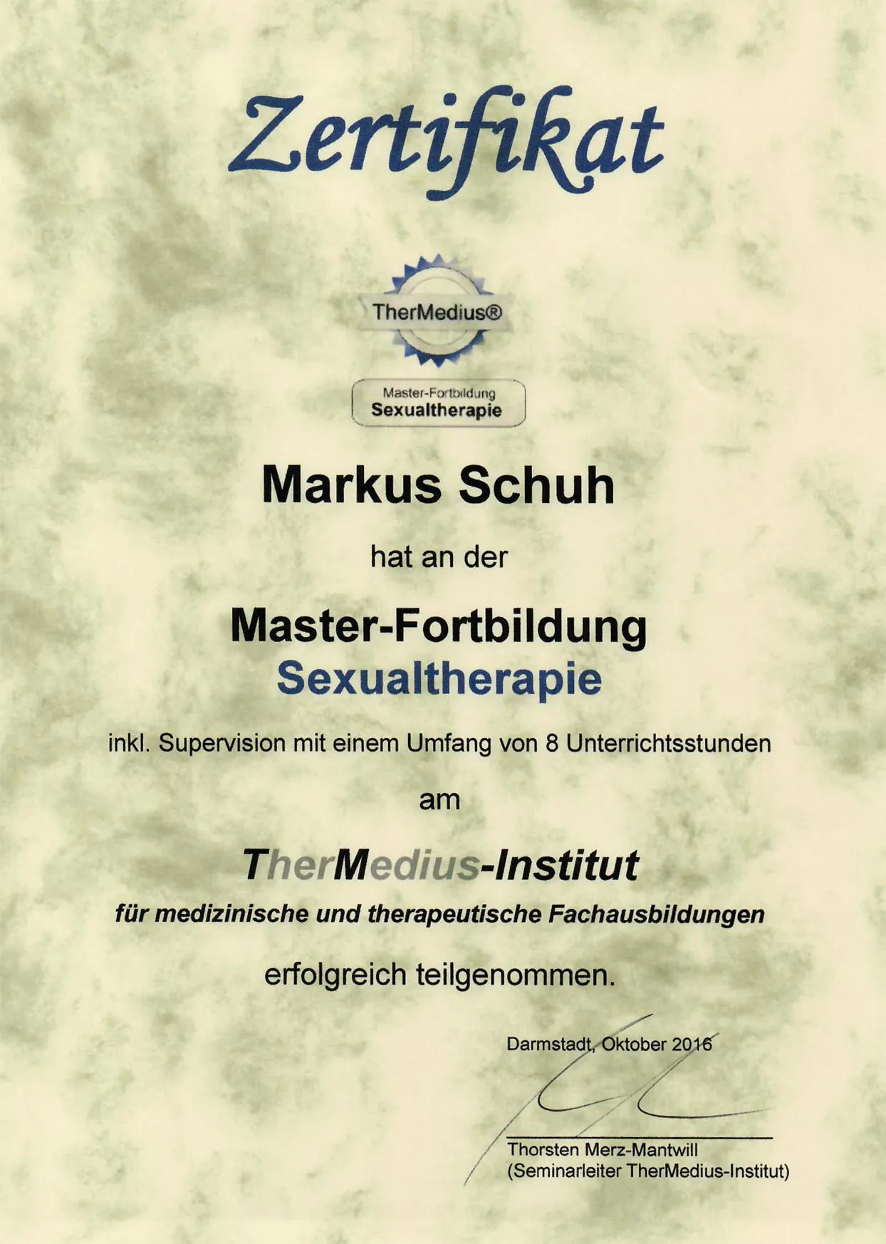 Zertifikat Master-Fortbildung Sexualtherapie
